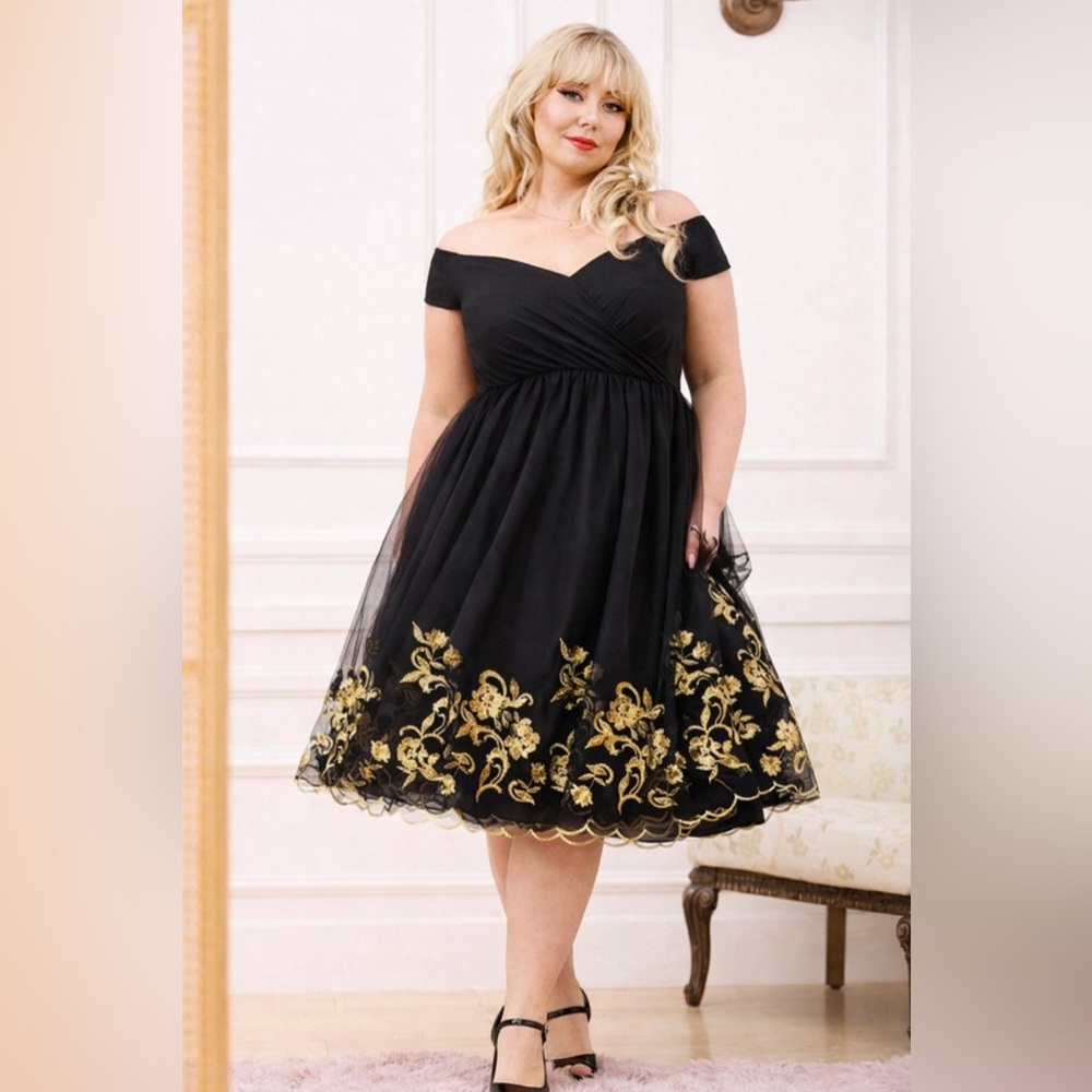 Torrid Retro Chic Black & Gold Embroidered Tulle Swing Dress, Size 14, NWT! - Picture 12 of 16